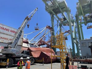 В Тайване контейнеровоз повалил два гигантских портовых крана